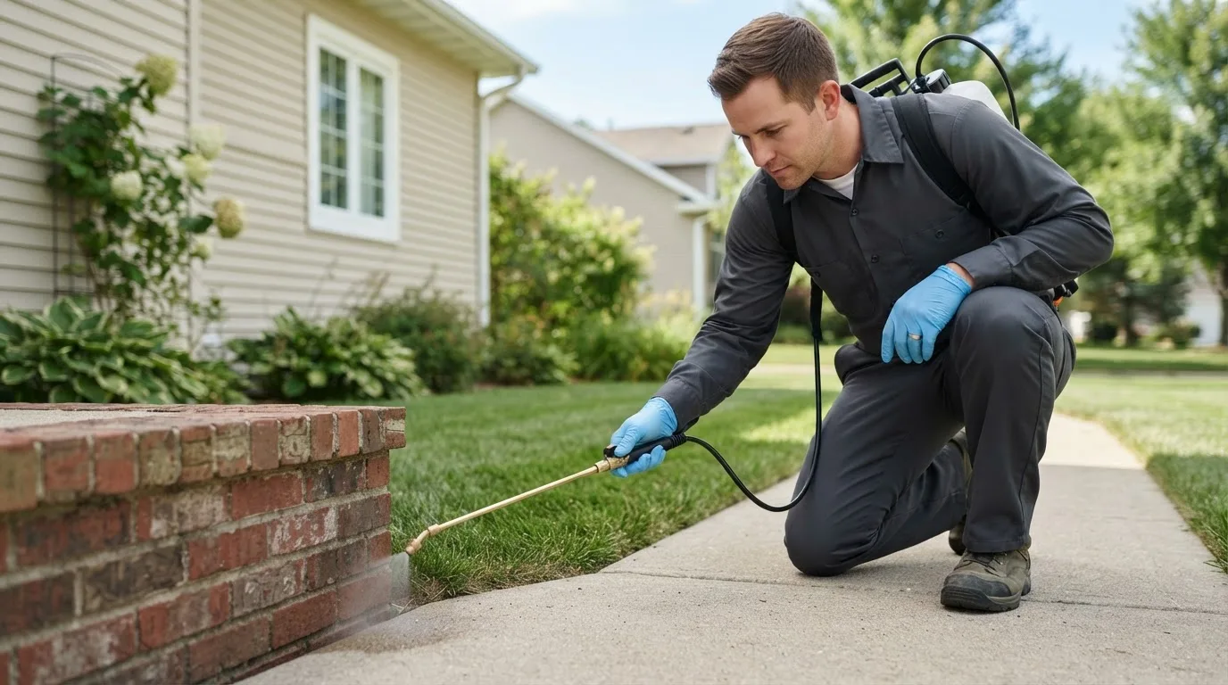 Pest control technician treating a home near Rio, WV
