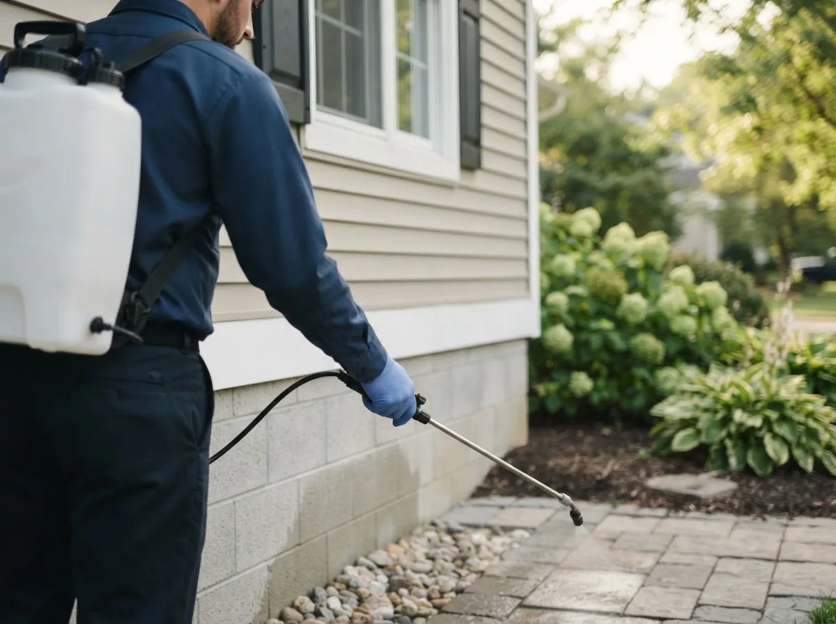 Pest control technician inspecting a home in Rio, WV